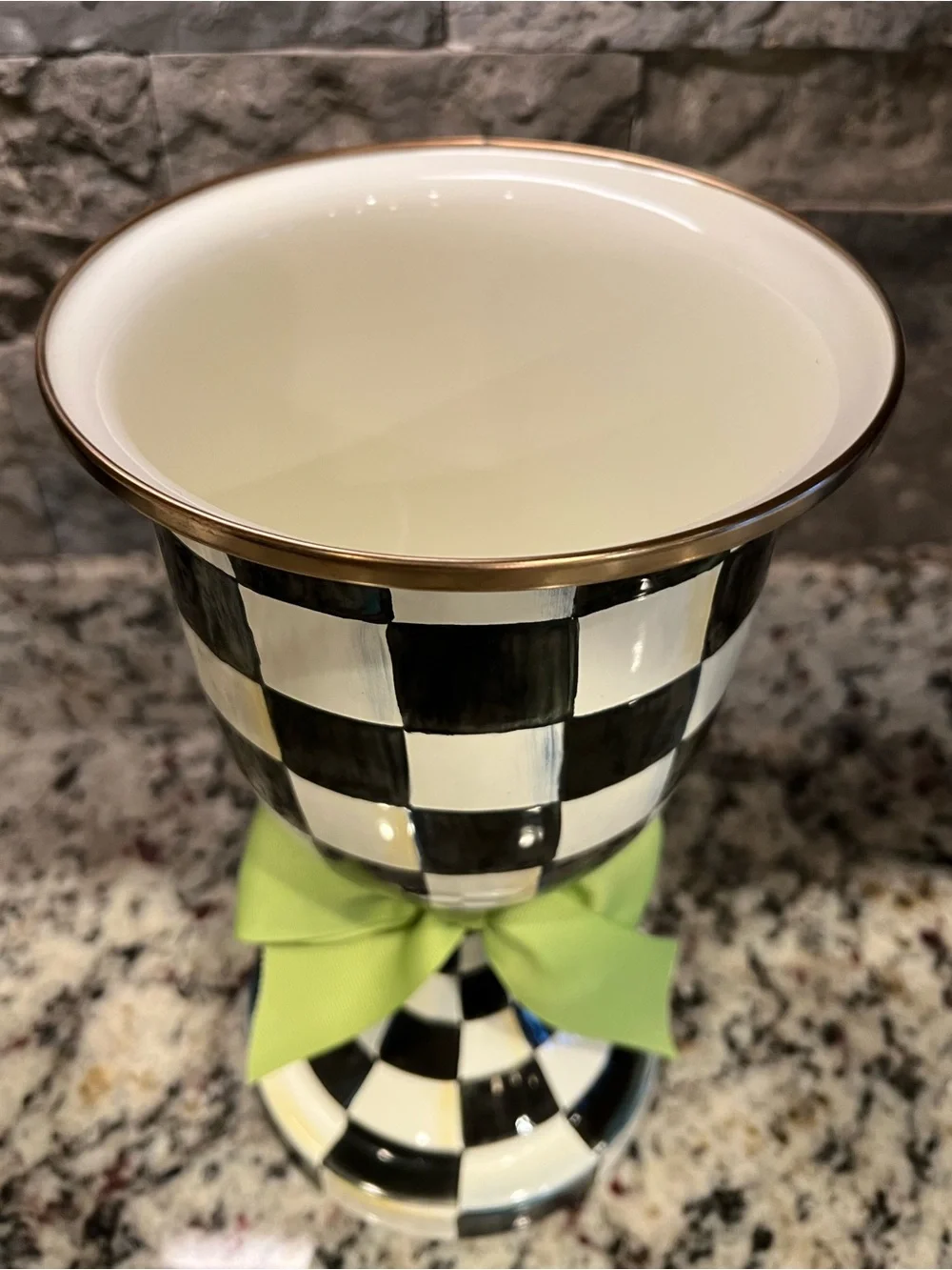 Mackenzie-Childs Courtly Check Enamel Pedestal Vase with Lime Green Bow. EUC.